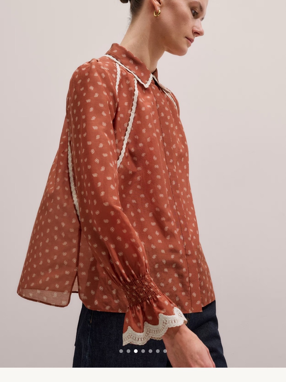 ME+EM Trim Detail Paisley Print Button Down Rust Cream Lace US Size 8 NWT $345 - Picture 5 of 14